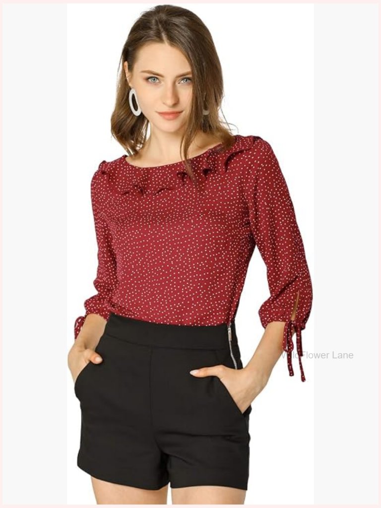 Ruffled Collar Polka Dot 3/4 Sleeve Vintage Blouse Top